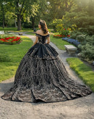 Black Satin Appliques Off - the - Shoulder Quinceanera Dress - KissProm