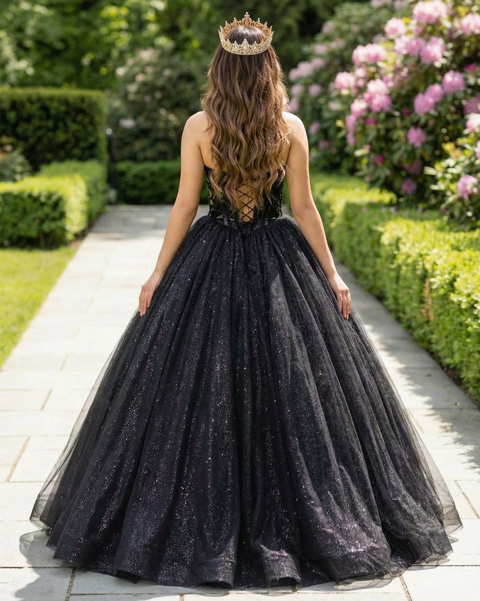 Glitter Tulle Sweetheart Black Long Quinceanera Dresses - KissProm