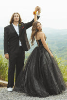 Glitter Tulle Sweetheart Black Long Quinceanera Dresses - KissProm