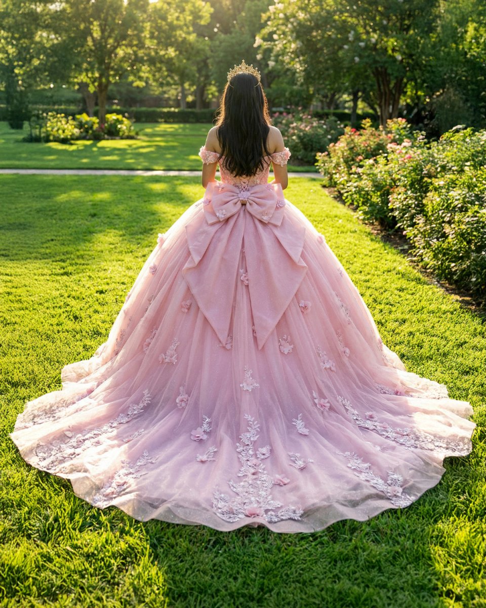 Off The Shoulder Lace Up Back Appliques Tulle Quinceanera Dress - KissProm