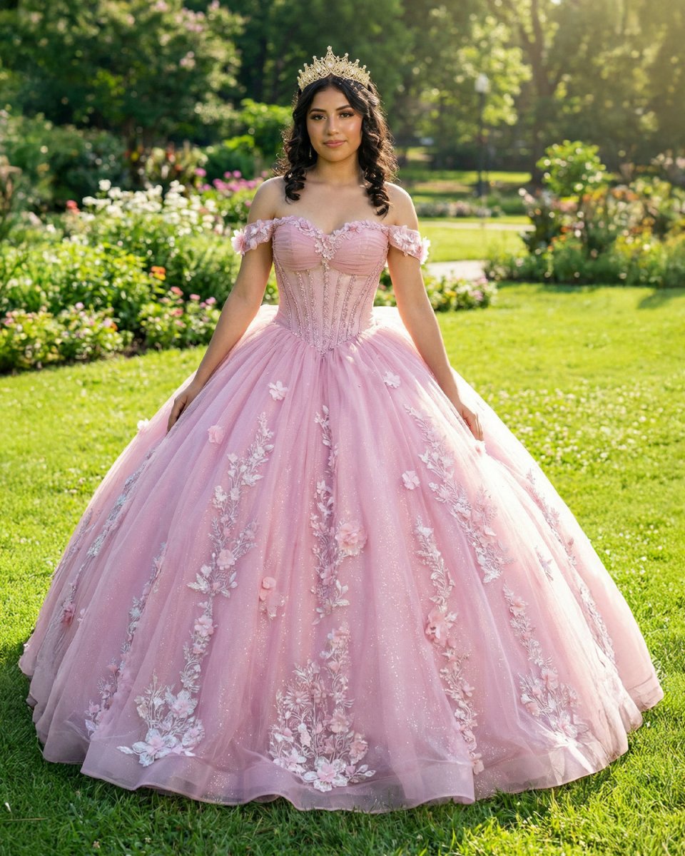 Off The Shoulder Lace Up Back Appliques Tulle Quinceanera Dress - KissProm