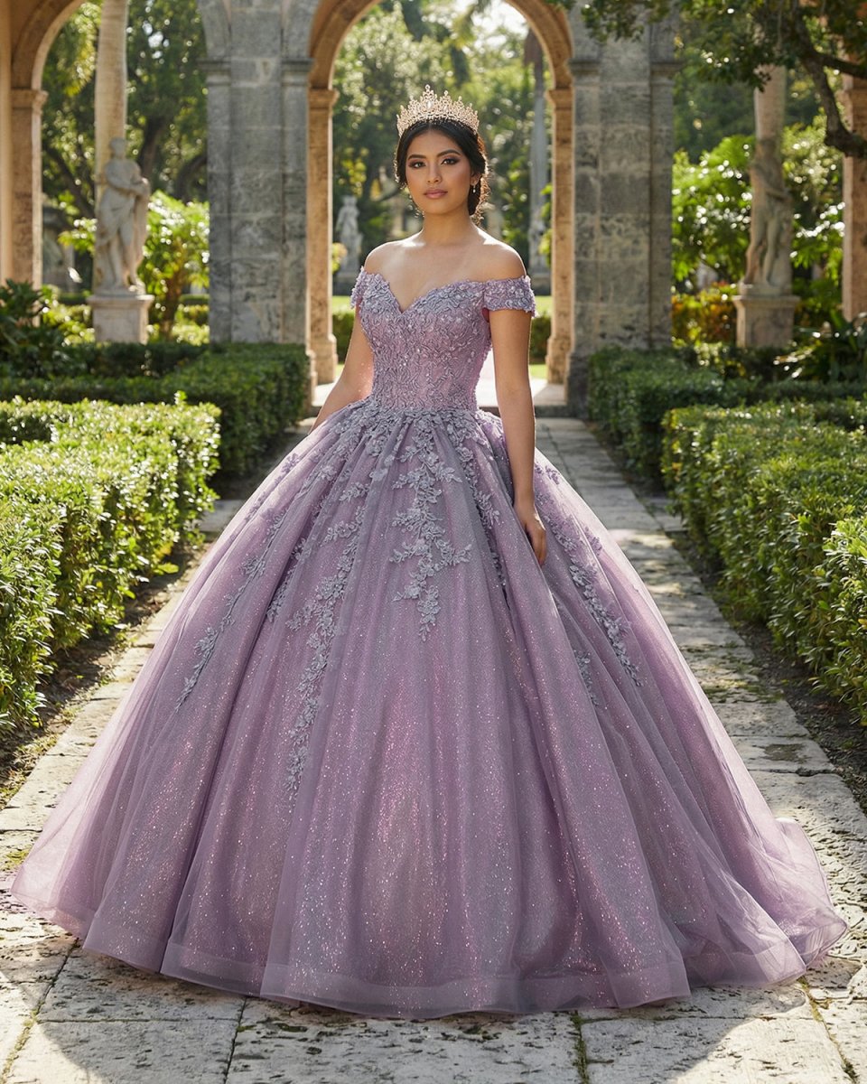 Purple Off - the - Shoulder Quinceanera Dresses with Flower - KissProm