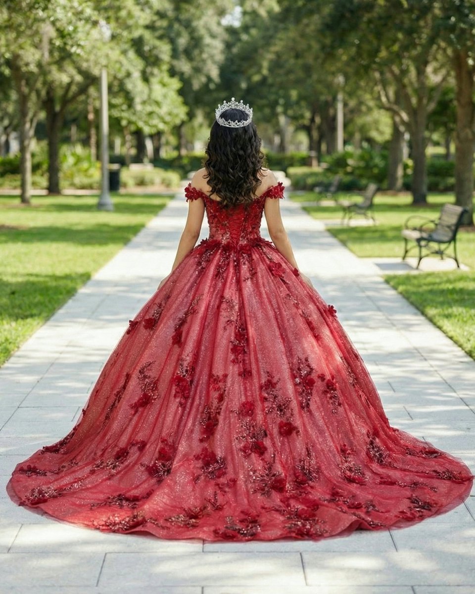 Red Flower Off - the - Shoulder Quinceañera Dress - KissProm