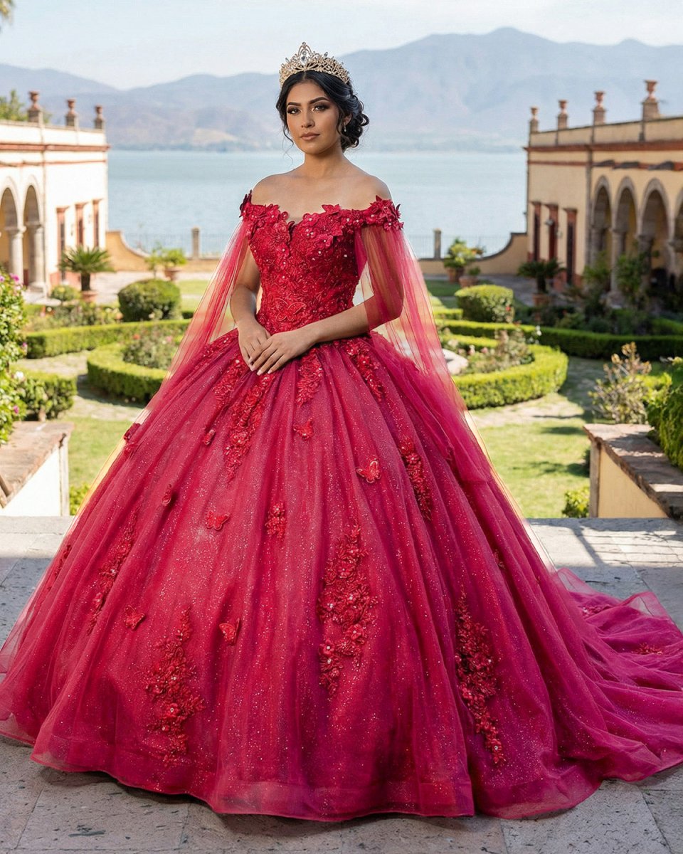 Red Long Sleeves 3D Flowers Quinceanera Dresses Appliqued - KissProm