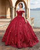 Red Quinceanera Dress Ball Gown Sequined Flowers - KissProm