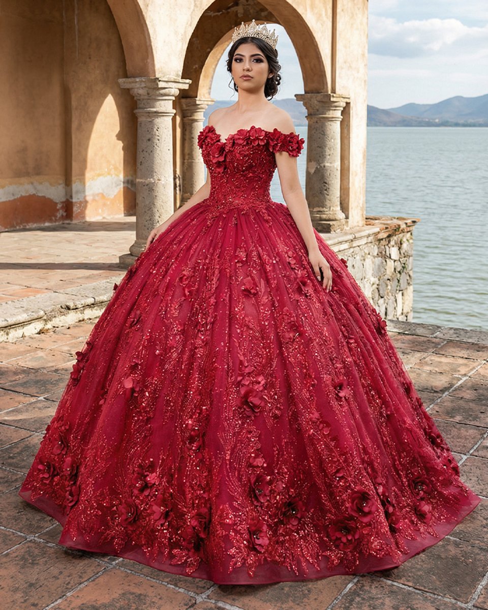 Red Quinceanera Dress Ball Gown Sequined Flowers - KissProm