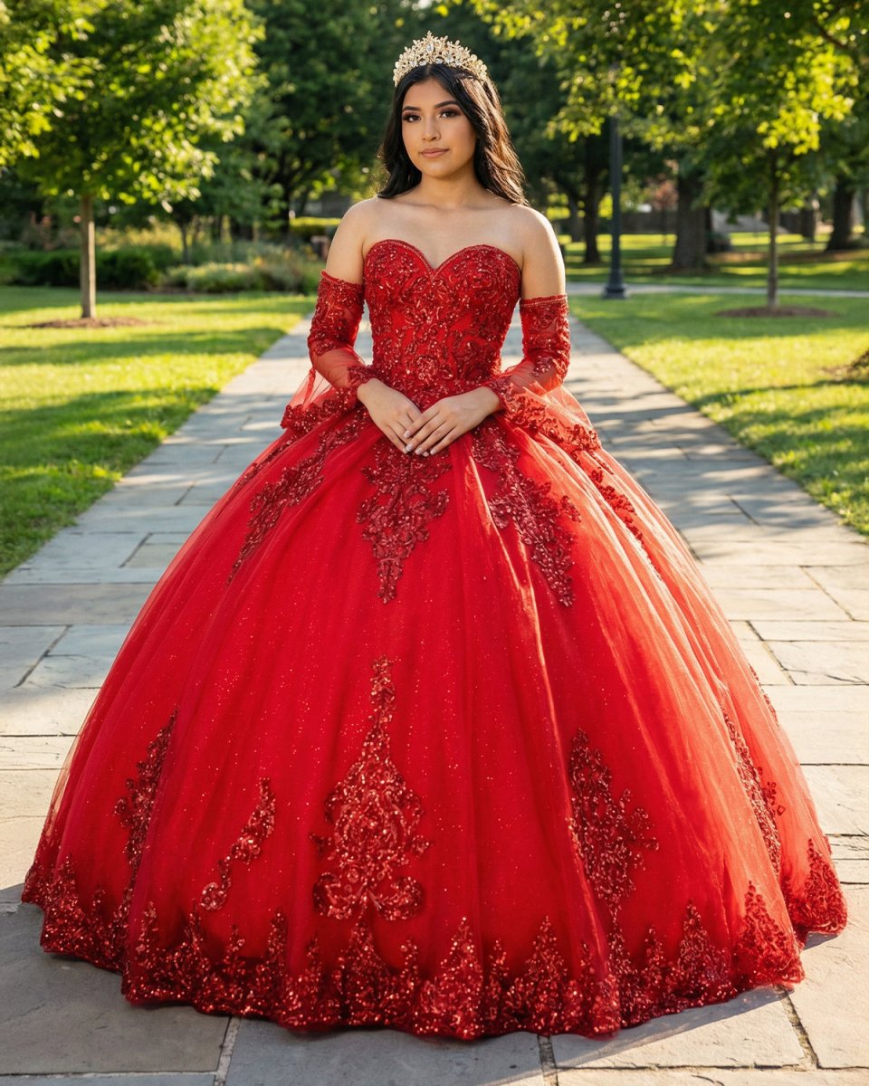 Red Sweetheart Quinceanera Dresses with Long Sleeves - KissProm