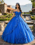 Royal Blue Off - Shoulder Ball Gown With Flowers Tulle Quinceanera Dress - KissProm