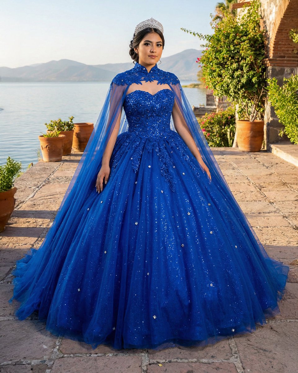 Royal Blue Tulle Ball Gown Prom Dress With Cape - KissProm