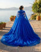 Royal Blue Tulle Ball Gown Prom Dress With Cape - KissProm