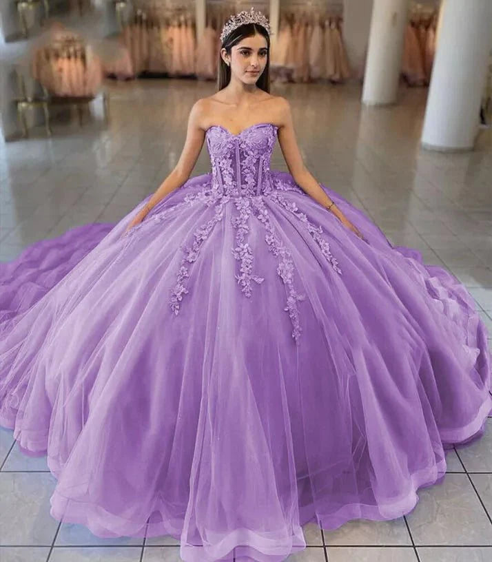 Sky Blue Ball-Gown Tulle 3D Flowers Sweetheart Quinceanera Dresses