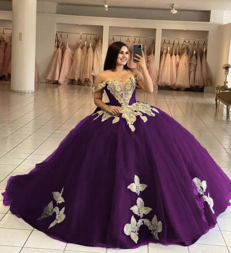 Royal Blue Off the Shoulder Quinceanera Dresses with Appliques - KissProm