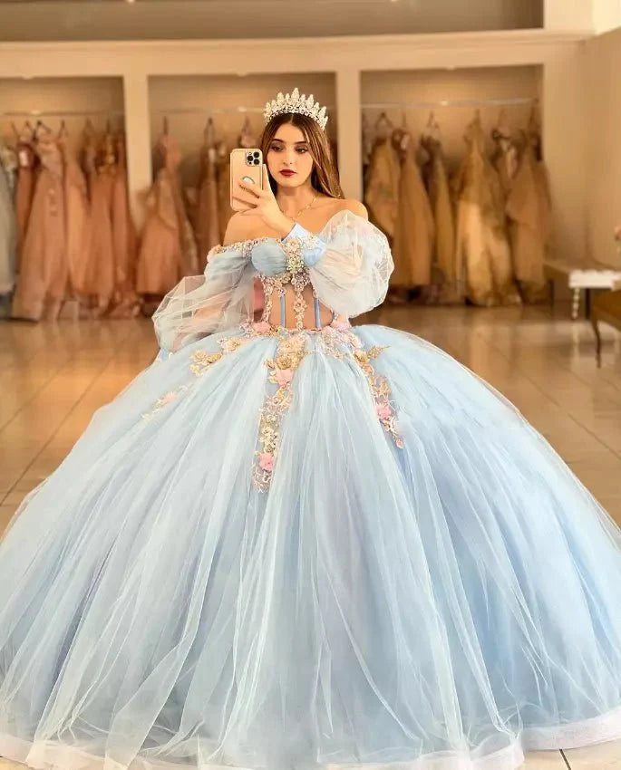 Sky Blue Quinceanera Dresses with 3D Flowers and Half Sleeve