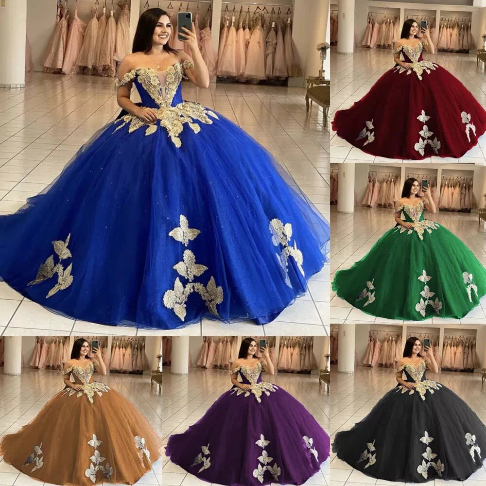 Royal Blue Off the Shoulder Quinceanera Dresses with Appliques - KissProm