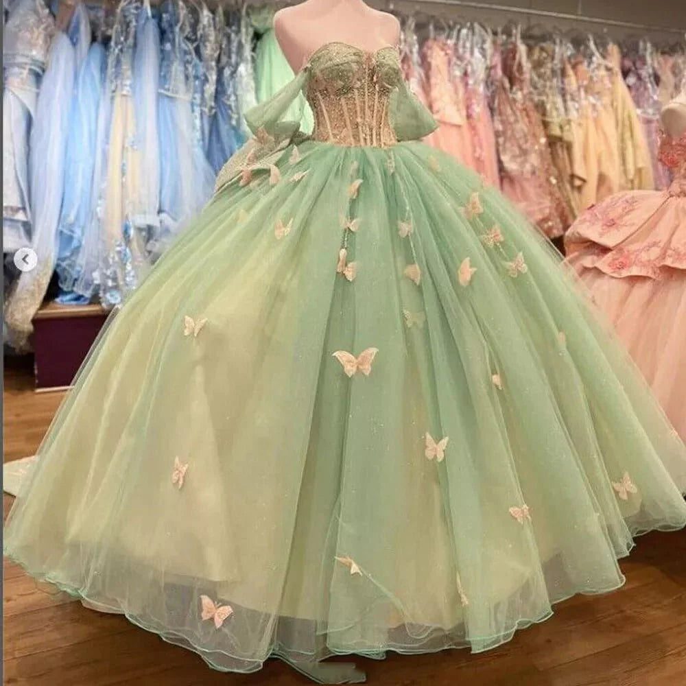 Ball Gown Light Green Tulle Quinceanera Dress With Butterflies