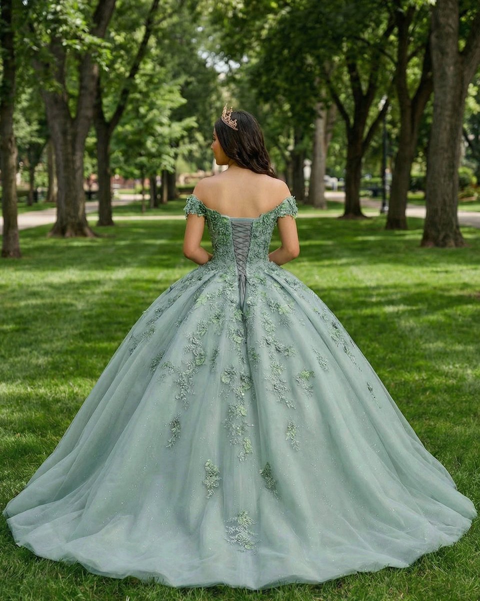 Sage Green Ball - Gown Off - the - Shoulder Quinceanera Dresses - KissProm