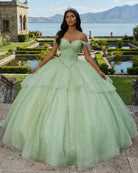 Sage Green Off The Shoulder Tulle Beaded Quinceanera Dress Wth Bow - KissProm