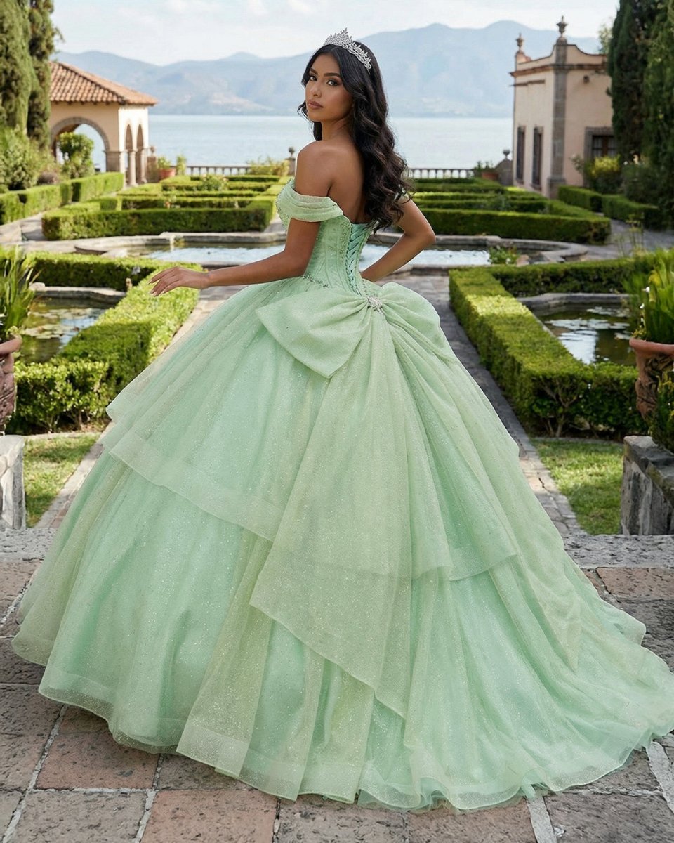 Sage Green Off The Shoulder Tulle Beaded Quinceanera Dress Wth Bow - KissProm