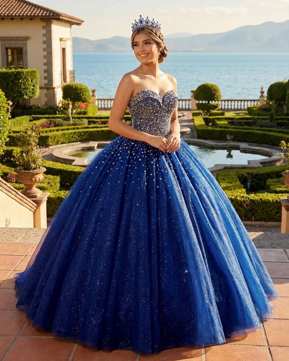 Navy Blue Sweetheart Tulle Quinceanera Dresses With Beadings - KissProm