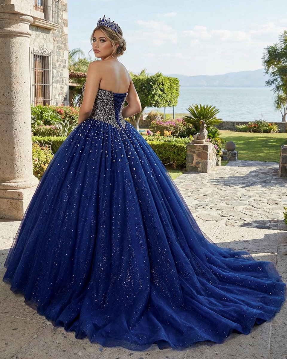 Navy Blue Sweetheart Tulle Quinceanera Dresses With Beadings - KissProm