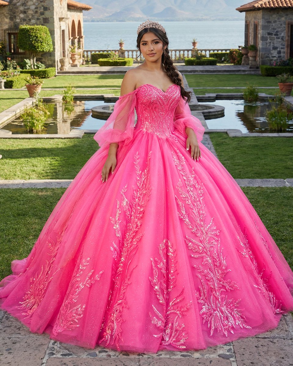 Lace Hot Pink Sequins Ball Gown Quinceañera Dress - KissProm