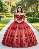 Shimmery Off Shoulder 3D Flowers Ball Gown Quinceanera Dress With Train - KissProm