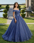 Shiny Off Shoulder Navy Blue Tulle Navy Blue Formal Graduation Evening Dresses - KissProm