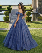 Shiny Off Shoulder Navy Blue Tulle Navy Blue Formal Graduation Evening Dresses - KissProm