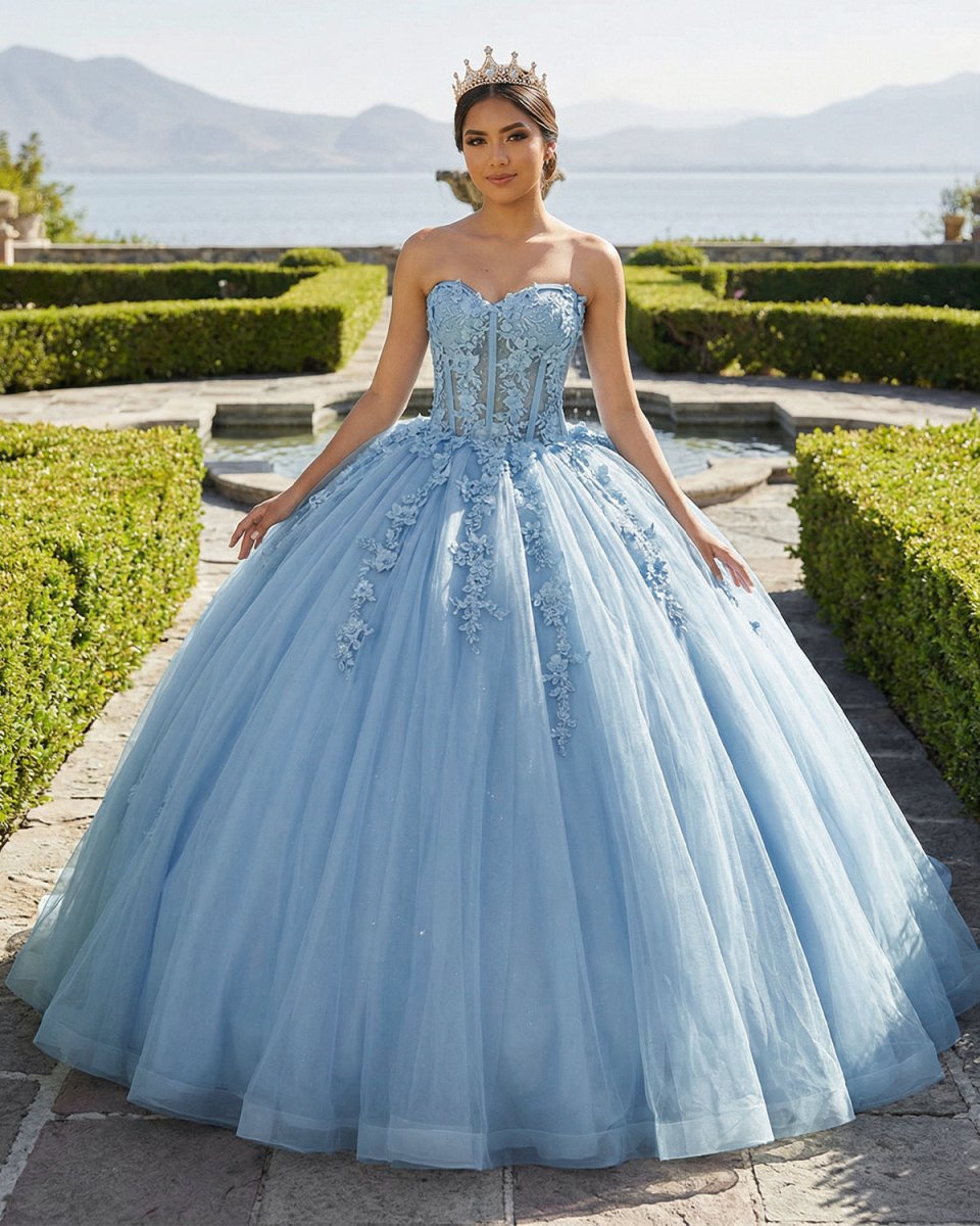 Sky Blue Ball - Gown Tulle 3D Flowers Sweetheart Quinceanera Dresses - KissProm