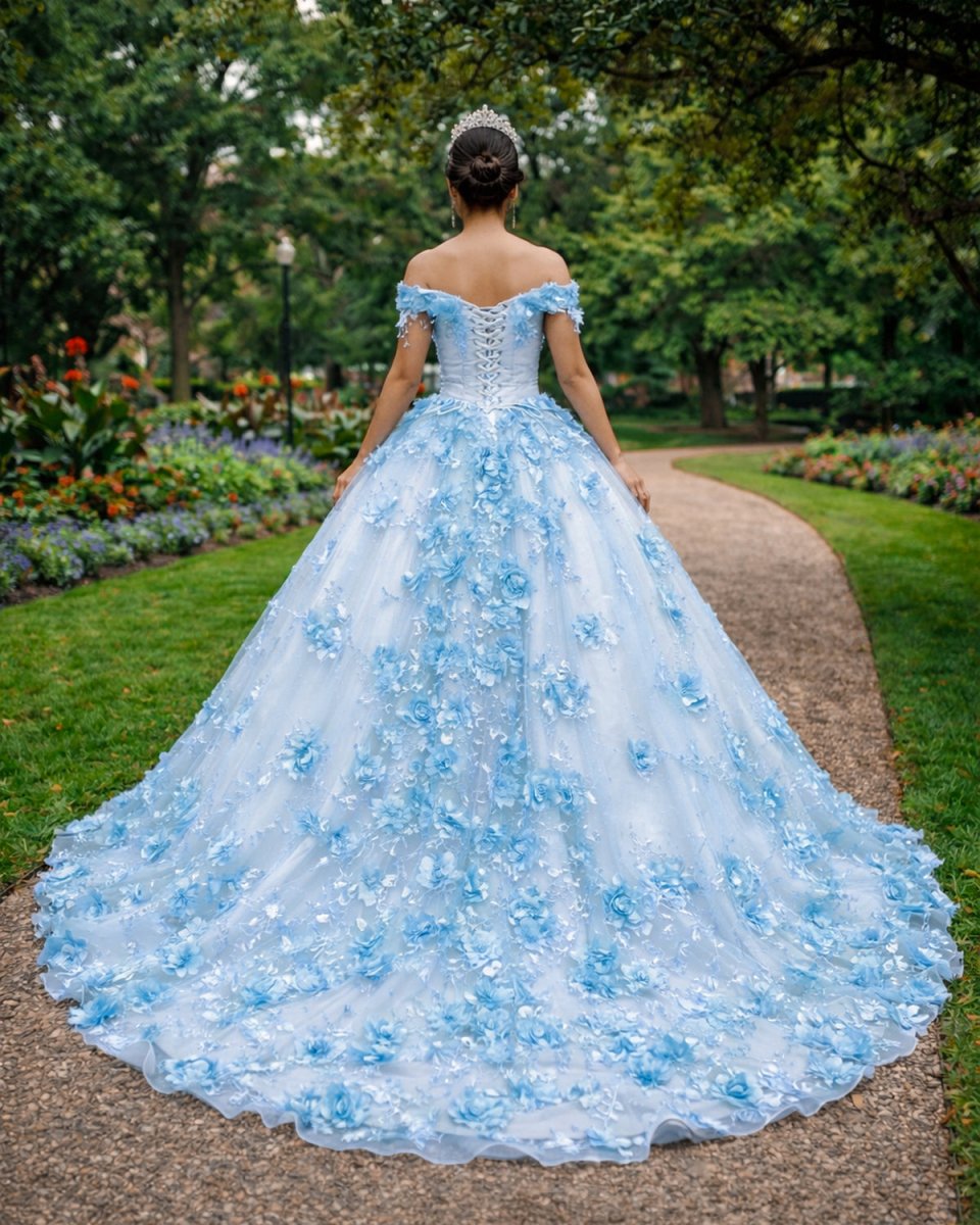 Sky Blue Lace Dress Off The Shoulder 3D Flowers Quinceanera Dresses - KissProm