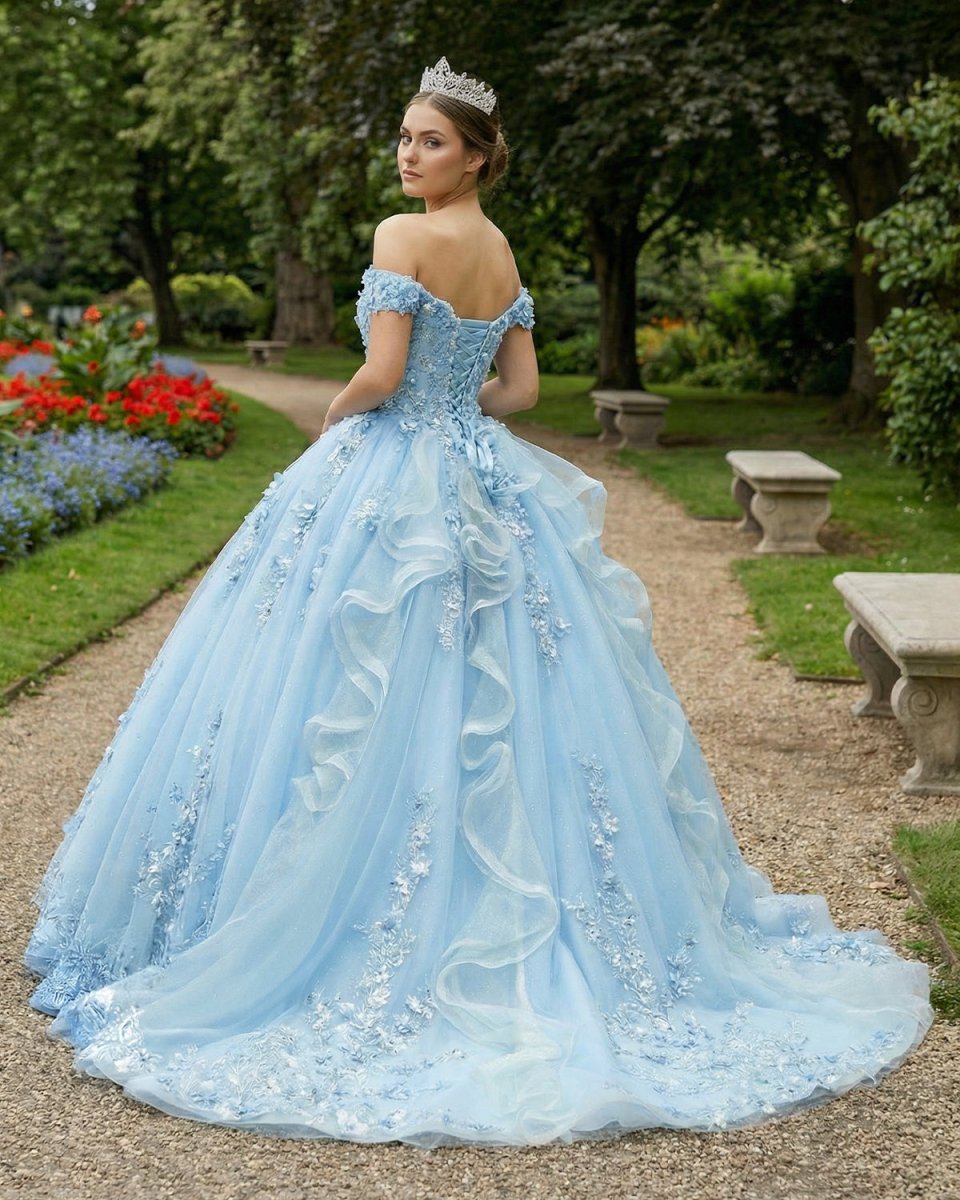 Sky Blue Lace Princess Appliqued Quinceanera Dress - KissProm