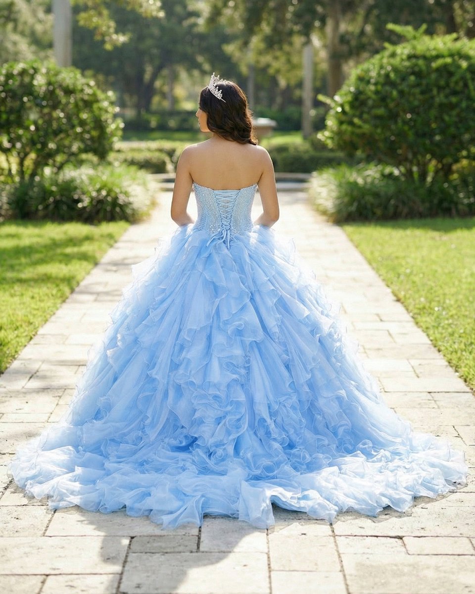 Sky Blue Quinceanera Dress with Pleats and Flowers - KissProm