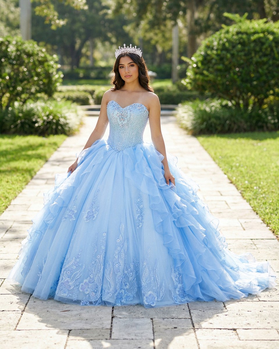 Sky Blue Quinceanera Dress with Pleats and Flowers - KissProm