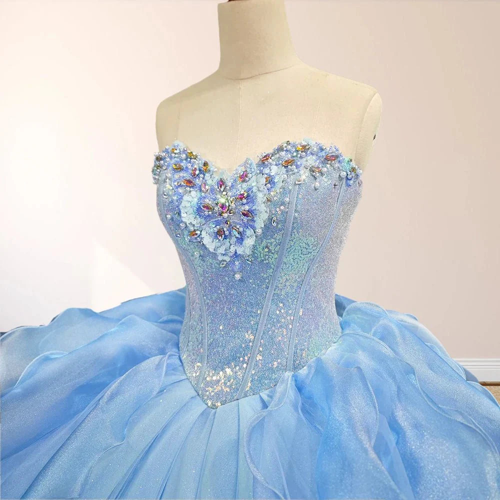 Sky Blue Quinceanera Dress with Pleats and Flowers - KissProm