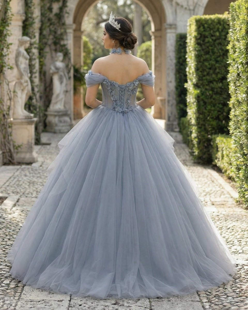 Grey Blue Ball Gown Off The Shoulder Lace - Up Back Quinceanera Dress - KissProm