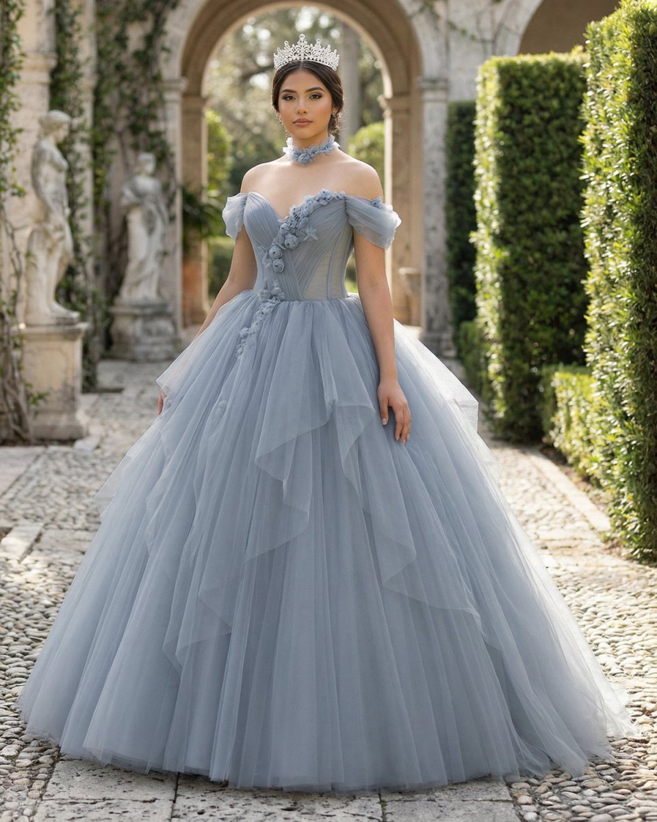 Grey Blue Ball Gown Off The Shoulder Lace - Up Back Quinceanera Dress - KissProm
