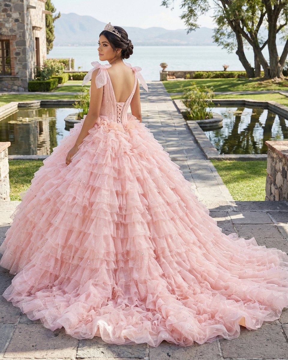 Pink Layered Ruffle Ball Gown Quinceanera Dress With Cascading Ruffles - KissProm