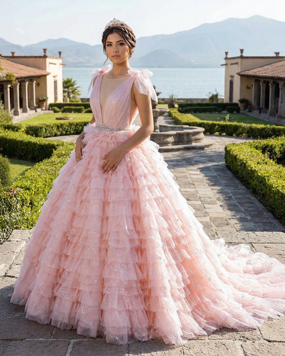 Pink Layered Ruffle Ball Gown Quinceanera Dress With Cascading Ruffles - KissProm