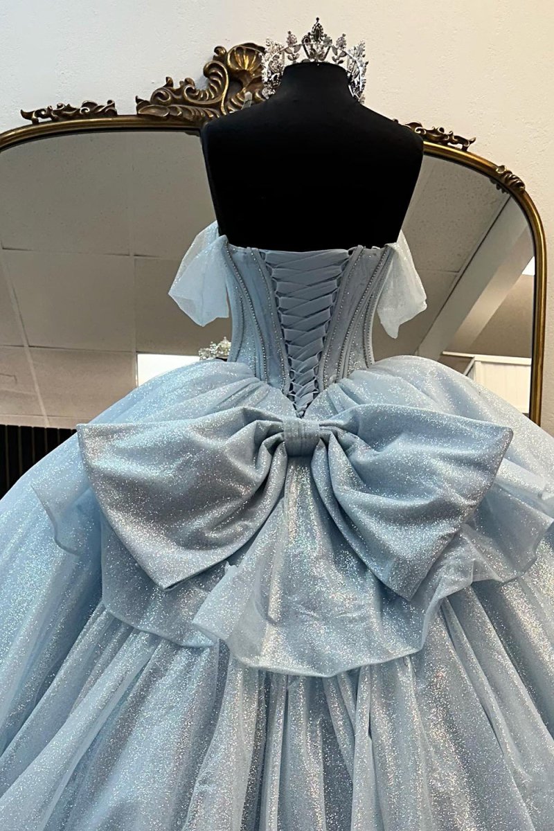 Woodly | Light Blue Off the Shoulder Tulle Princess Long Corset Quinceanera Dress with Bow