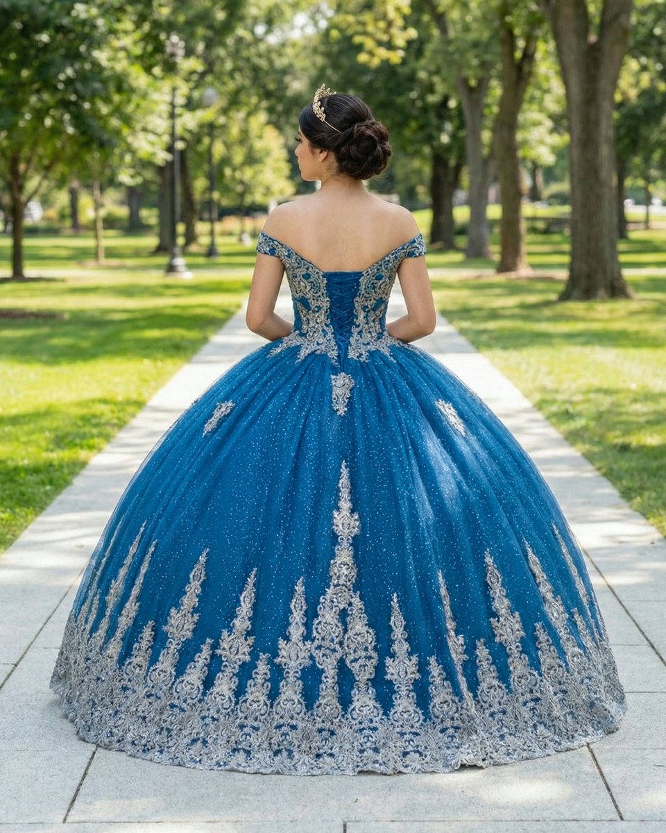 Sparkly Teal Blue Off - the - Shoulder Lace Up Back Quinceanera Dress - KissProm