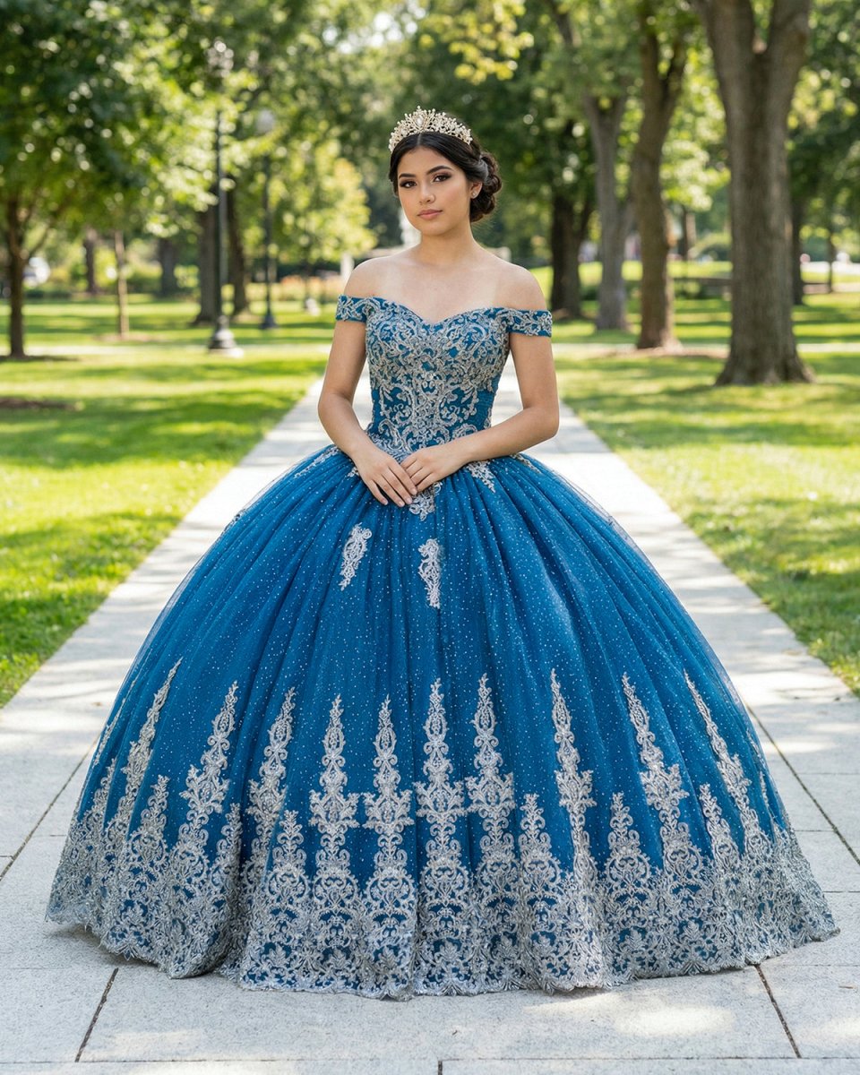 Sparkly Teal Blue Off - the - Shoulder Lace Up Back Quinceanera Dress - KissProm