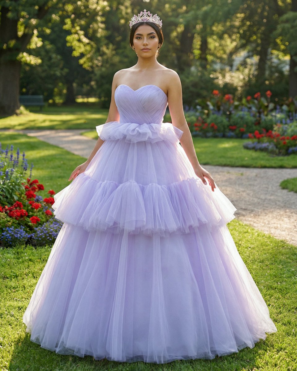 Strapless Pleated Tulle Floor Length Tiered A Line Prom Dress - KissProm
