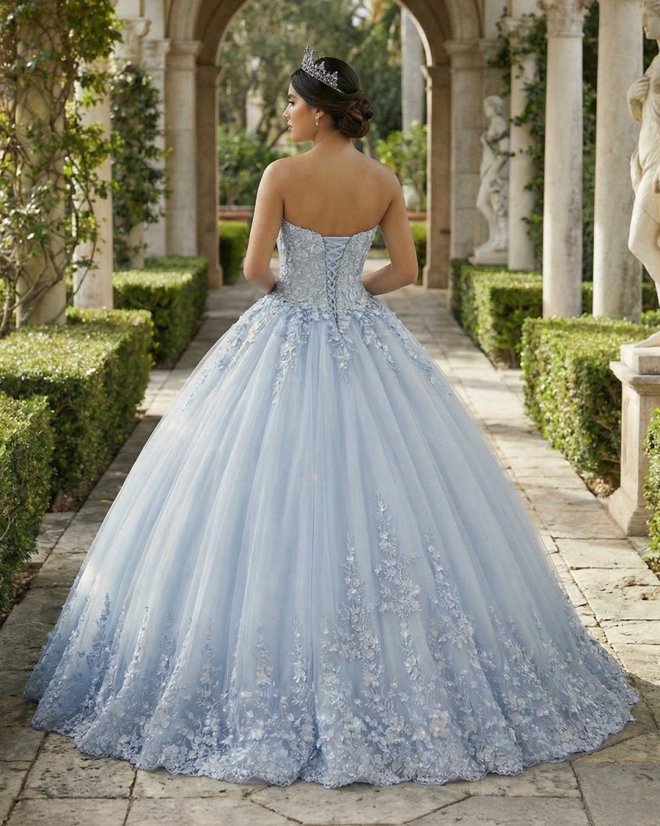 Strapless Sweetheart Neck 3D lace appliqued Quinceanera Dresses - KissProm