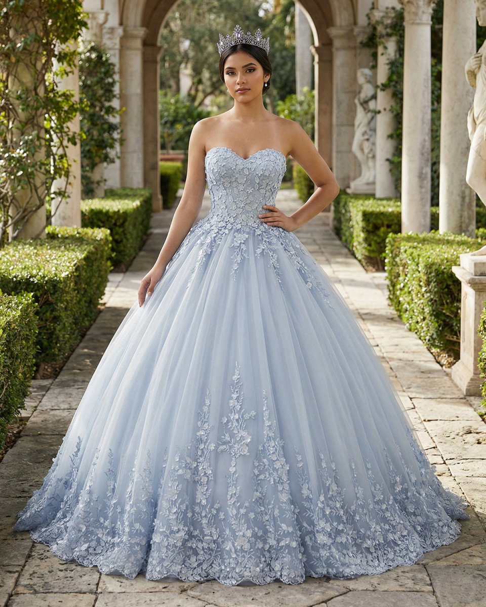 Strapless Sweetheart Neck 3D lace appliqued Quinceanera Dresses - KissProm