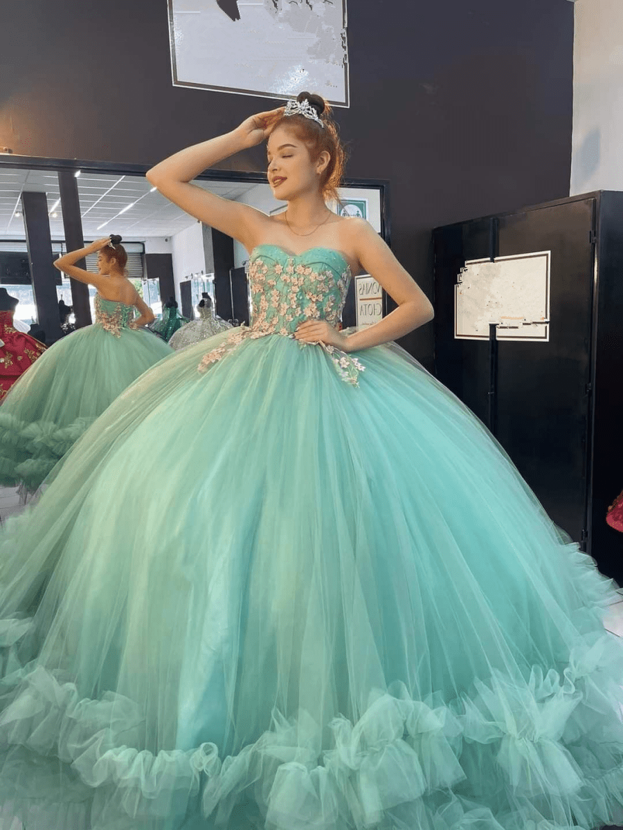 Strapless Tulle Ball Gown Quinceanera Dress Light Green