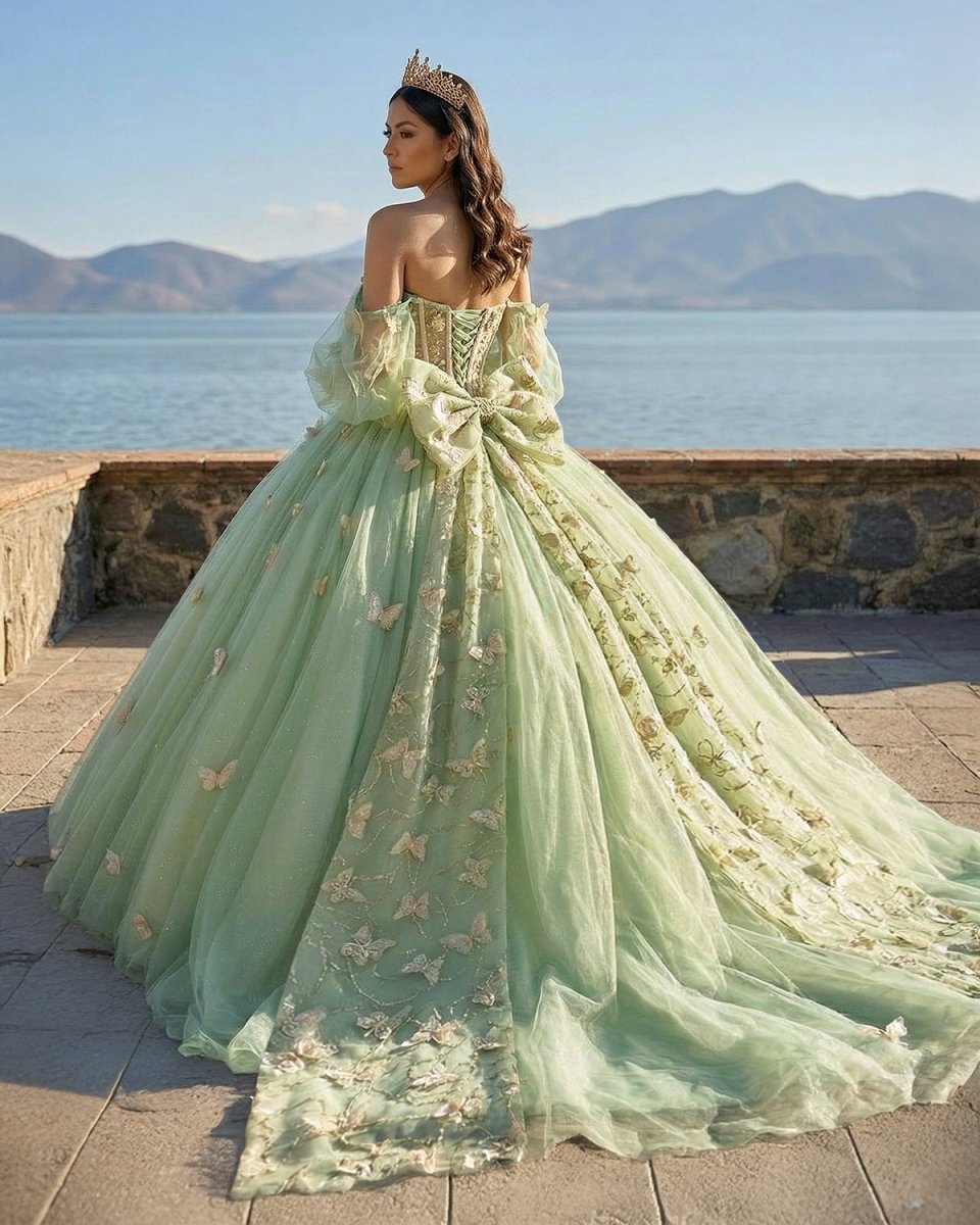 Ball Gown Sage Green Tulle Quinceanera Dress With Butterflies - KissProm