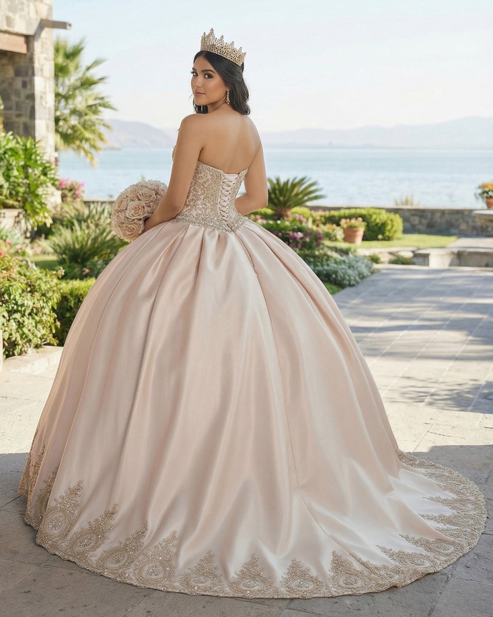 Sweetheart Embroidery Satin Champagne Quinceanera Dresses Lace Ball Gowns - KissProm
