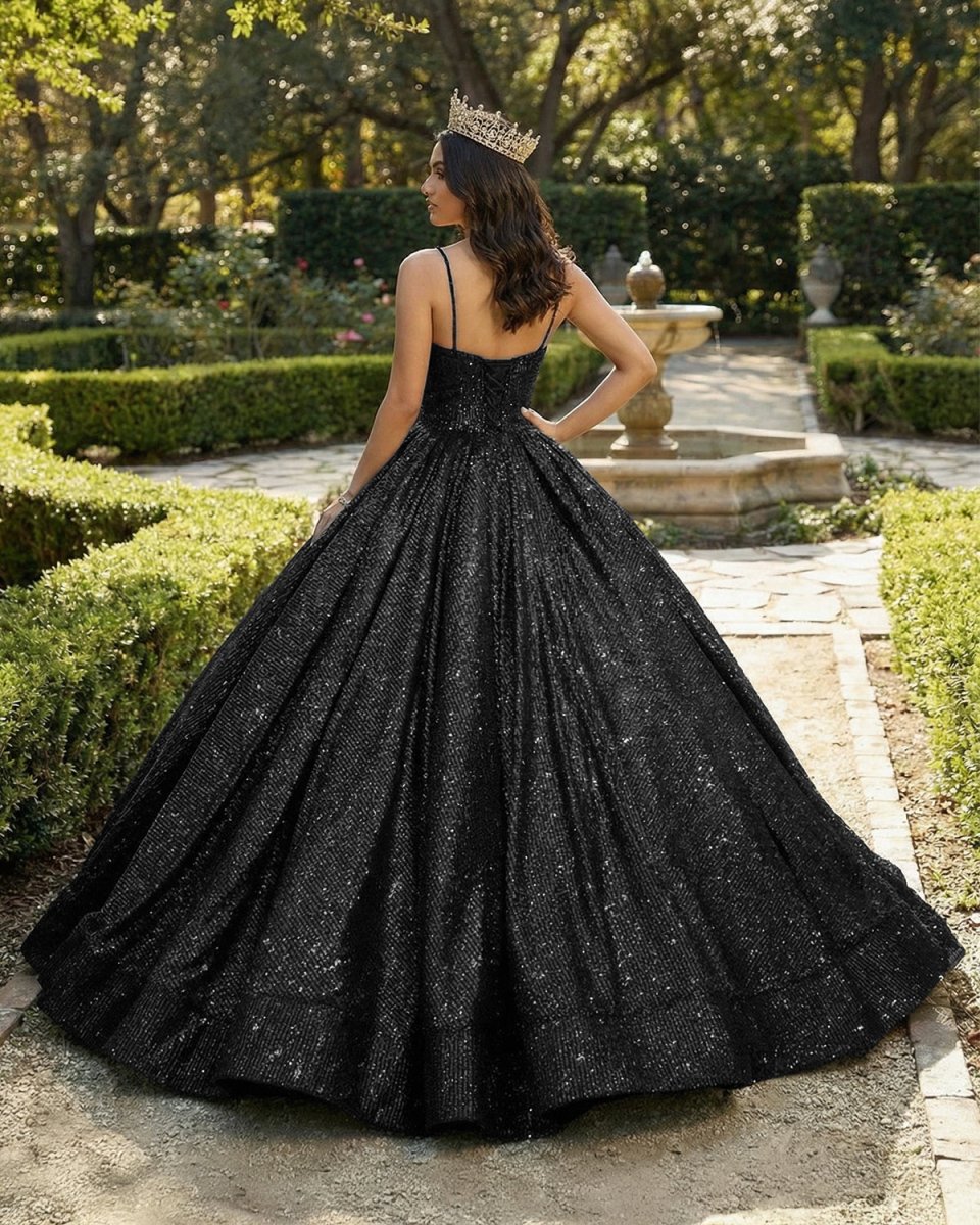 Sweetheart Spaghetti Straps Sequins Ball Gown Black Sparkly Prom Dresses - KissProm