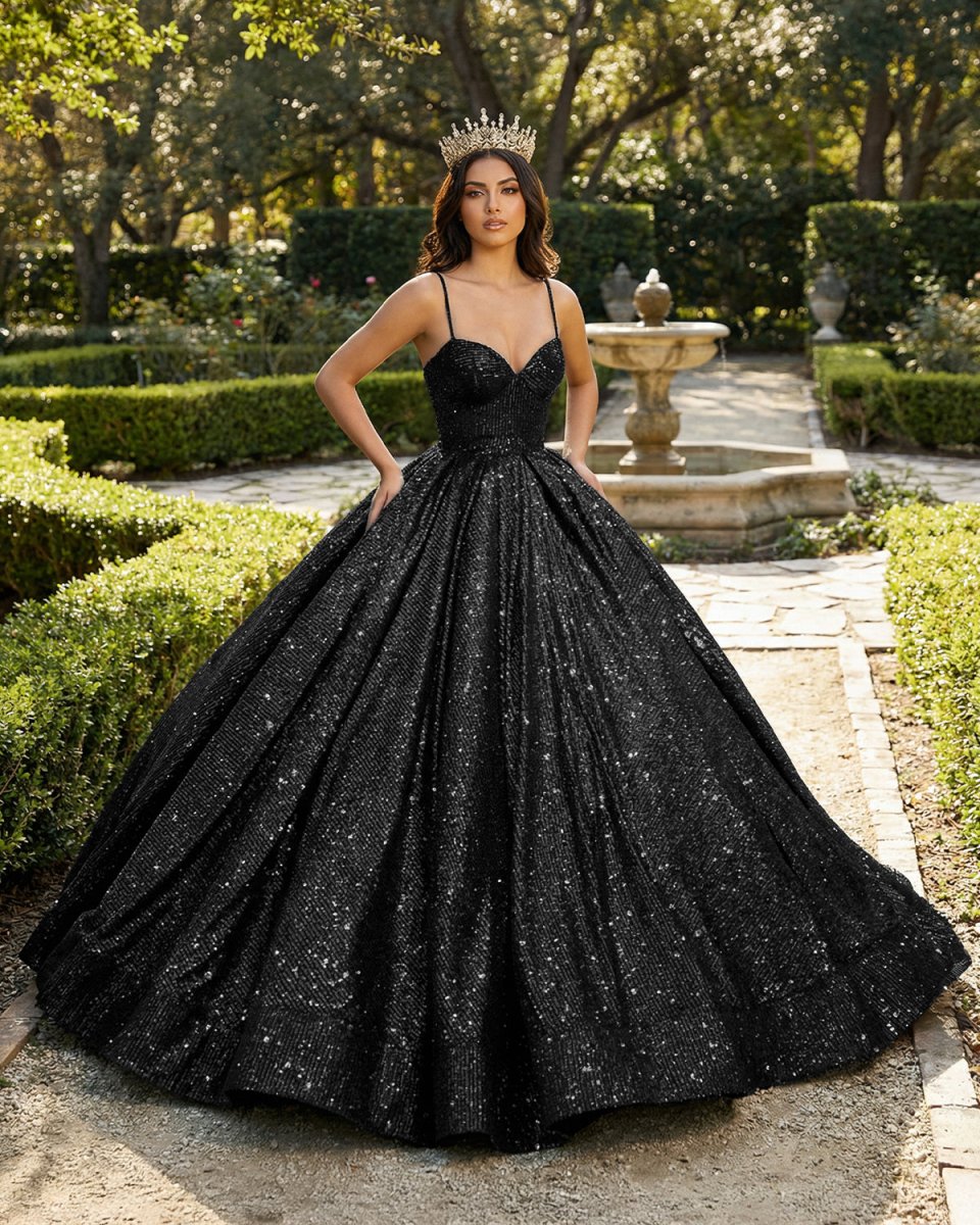 Sweetheart Spaghetti Straps Sequins Ball Gown Black Sparkly Prom Dresses - KissProm