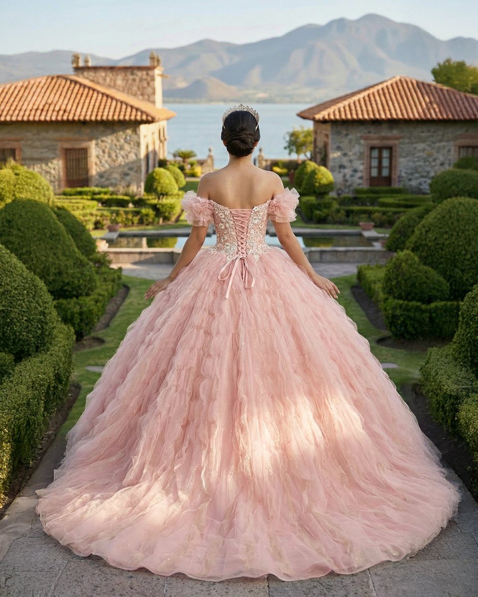 Tulle Tufted Pink Floral Quinceañera Ball Gown Dress - KissProm